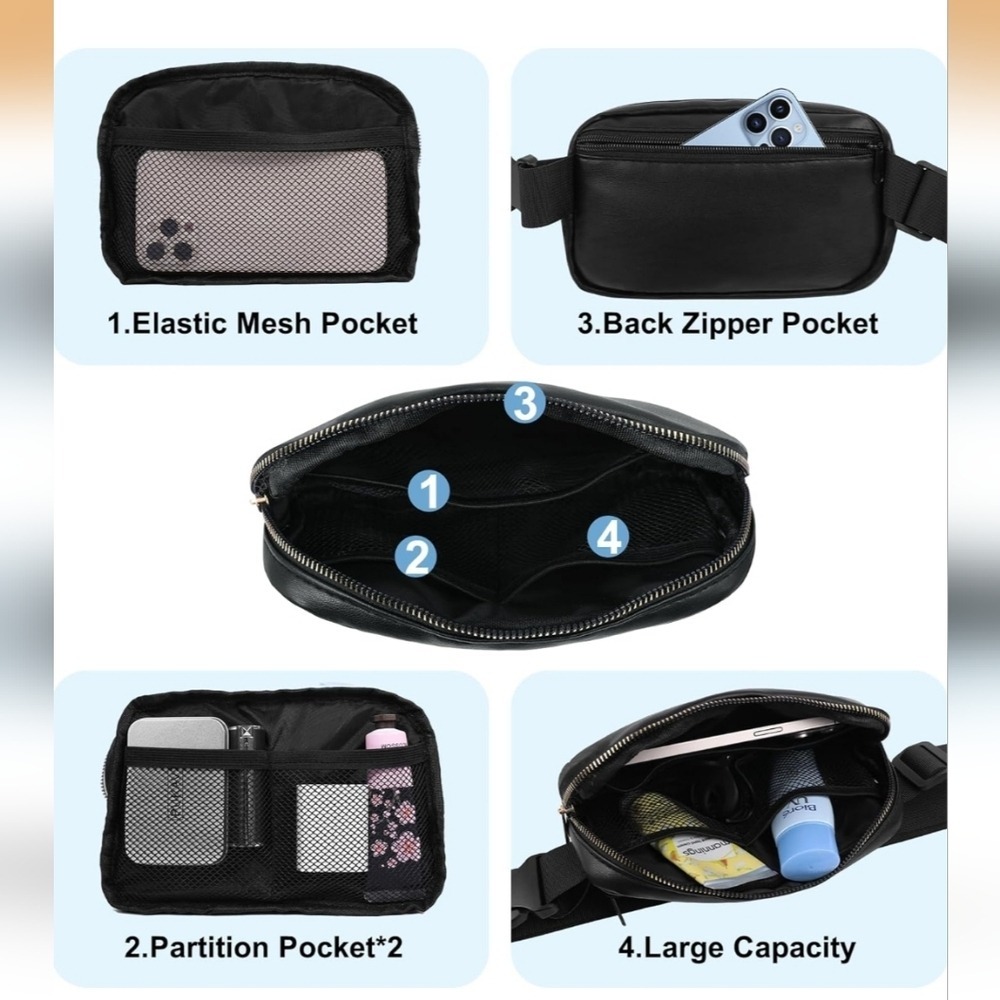 Black Faux Leather Belt Bag Adjustable Crossbody Fanny Pack Waist Bag‎ Travel - Picture 3 of 5